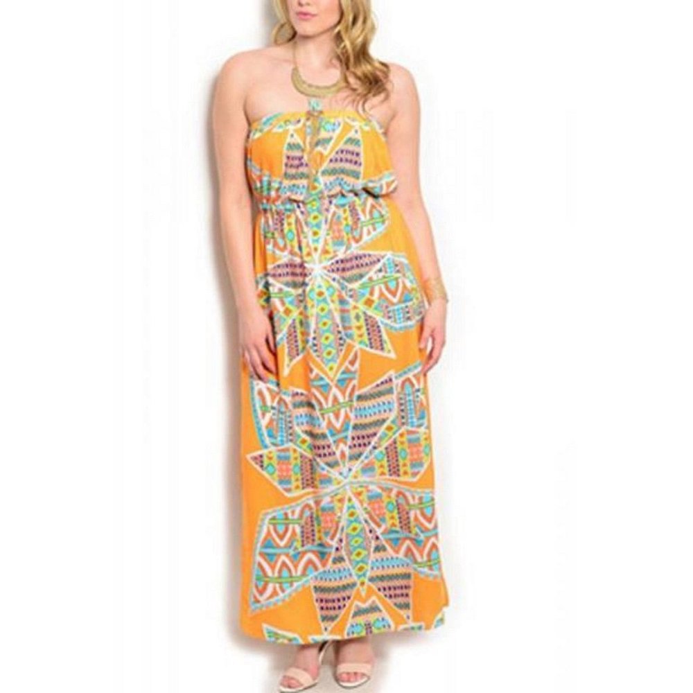 Bellezza Ladies Strapless Maxi Sundress Orange Geometric Casual Size 2XL  NWOT